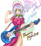  braid breasts china_dress chinese_clothes dress electric_guitar green_eyes grin guitar instrument izayoi_sakuya kogawa medium_breasts short_hair silver_hair smile solo touhou twin_braids 