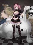  breasts copyright_request corset k+ large_breasts pink_hair red_eyes scissors solo striped striped_legwear stuffed_animal stuffed_toy thighhighs twintails 