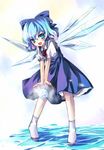  blue_hair bow cirno ice ribbon sho_(runatic_moon) short_hair solo touhou water wings 