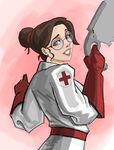  artist_request bonesaw brown_hair earrings genderswap genderswap_(mtf) glasses gloves jewelry labcoat lips looking_back nurse red_cross red_gloves saw smile solo team_fortress_2 the_medic weapon 