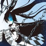  black_hair black_rock_shooter black_rock_shooter_(character) blue_eyes chain long_hair midriff shorts solo twintails usakou 