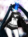  belt bikini_top black_hair black_rock_shooter black_rock_shooter_(character) blue_eyes cloak hair_ornament long_hair mem midriff navel shorts solo stitches twintails very_long_hair wide_hips 