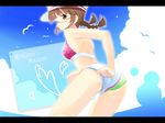  adjusting_clothes adjusting_swimsuit akizuki_ritsuko ass bad_id bad_pixiv_id beach bikini braid brown_eyes brown_hair day glasses hat idolmaster idolmaster_(classic) idolmaster_1 komone_ushio outdoors short_hair solo swimsuit twin_braids 