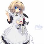  :o bandages blue_eyes blush cowboy_shot dress gotou_nao hairband head_tilt holding index_finger_raised looking_at_viewer original parted_lips short_hair solo standing white_dress 