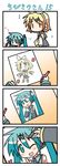  2girls 4koma aqua_hair chibi chibi_miku comic drawing hatsune_miku heart kagamine_rin marker minami_(colorful_palette) multiple_girls silent_comic smile translated vocaloid |_| 