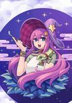  blue_eyes chameleon chan_co collar egasumi hat holding holding_pipe kiseru long_hair open_mouth original pink_hair pipe raglan_sleeves solo star star-shaped_pupils symbol-shaped_pupils upper_body witch witch_hat wristband 