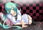  aqua_hair breasts hair_in_mouth hatsune_miku large_breasts long_hair nana_(artist) solo thighhighs twintails vocaloid world_is_mine_(vocaloid) 