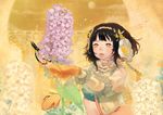  bad_id bad_pixiv_id black_hair flower hair_flower hair_ornament hairband hydrangea mittens orange_eyes original sakamoto_himemi scissors see-through short_hair solo 