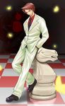  artist_request blood blood_splatter bug butterfly checkered checkered_floor chess_piece formal hand_in_pocket insect male_focus necktie perspective red_hair shoes solo suit umineko_no_naku_koro_ni ushiromiya_battler 