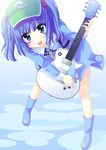  blue_eyes blue_hair electric_guitar guitar hair_bobbles hair_ornament hat instrument kawashiro_nitori key looking_at_viewer music open_mouth playing_instrument saki_chisuzu short_hair solo touhou twintails two_side_up 