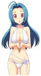  ahoge bikini blue_hair blush breasts cleavage cowboy_shot cropped_legs hands_together idolmaster idolmaster_(classic) idolmaster_live_for_you! large_breasts long_hair miura_azusa navel open_mouth own_hands_together red_eyes solo swimsuit takayaki white_bikini 