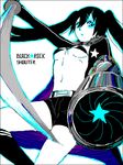  arm_cannon bad_id bad_pixiv_id black_hair black_rock_shooter black_rock_shooter_(character) blue_eyes breasts kai_(pixiv93444) long_hair medium_breasts midriff navel solo sword twintails underboob weapon 