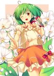  ;d ahoge cowboy_shot floral_background flower green_hair kitagawa_unagi looking_at_viewer macross macross_frontier microphone midriff one_eye_closed open_mouth orange_skirt orchid outside_border pointing pointing_at_viewer ranka_lee red_eyes skirt smile solo 