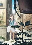  flower grey_hair house juumonji long_hair luggage original plant potted_plant sandals skirt solo yellow_eyes 