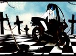  belt bikini_top black_hair black_rock_shooter black_rock_shooter_(character) blue_eyes chain cross flat_chest ground_vehicle katana kl latin_cross long_hair midriff motor_vehicle motorcycle navel short_shorts shorts solo sword twintails weapon 