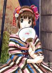  brown_eyes brown_hair copyright_request fan hair_ornament hair_up hands happoubi_jin japanese_clothes kimono paper_fan solo uchiwa 