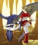  blue_eyes boots copyright_request dragon gauntlets halberd k+ pantyhose polearm solo warrior weapon 