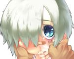  bandaid blue_eyes blush cheek_pinching child ginko hair_over_one_eye hands male_focus midori_no_ruupe mushishi pinching silver_hair solo tears 