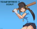  baseball_bat blue_eyes brown_hair hat miniskirt skirt solo team_fortress_2 wallpaper weapon 