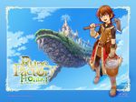  :d blue_sky brown_hair bucket building cloud day house looking_at_viewer male_focus open_mouth outdoors over_shoulder raguna rune_factory rune_factory_frontier sky smile solo standing wallpaper water 