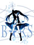  black_hair black_rock_shooter black_rock_shooter_(character) blue_eyes chain guitar instrument long_hair midriff mirai_(kiichigo3) shorts solo twintails 