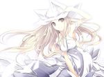  animal_ears arm_ribbon armpits blonde_hair cat_ears dress dress_tug grin hand_on_headwear hat long_hair looking_at_viewer motion_blur original ribbon satomi sleeveless sleeveless_dress smile solo teeth very_long_hair white_background white_dress white_hat white_ribbon wind yellow_eyes 