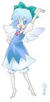  1girl barefoot bow cirno kogawa ribbon smile solo touhou wings 