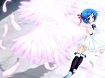  angel araiguma backless_dress backless_outfit blue_hair bow breasts cleavage detached_sleeves dress feathers game_cg medium_breasts red_eyes ribbon see-through short_hair solo tendou_rie trouble_succubus walking wings 