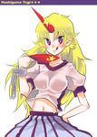  :q blonde_hair character_name cuffs cup hand_on_hip horn hoshiguma_yuugi kogawa long_hair multicolored multicolored_eyes navel puffy_short_sleeves puffy_sleeves sakazuki shackles shirt short_sleeves solo star striped t-shirt tongue tongue_out touhou vertical_stripes white_background 