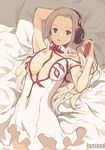  bad_id bad_pixiv_id between_breasts blonde_hair breasts center_opening collar dj_max dj_max_portable dress el_(dj_max_portable) grey_eyes hand_behind_head headphones large_breasts long_hair lying moai_(aoh) no_bra off_shoulder on_back pillow ribbon solo 