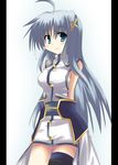  akane_souichi bad_id bad_pixiv_id blue_eyes grey_hair hair_ornament long_hair lyrical_nanoha magical_girl mahou_shoujo_lyrical_nanoha_strikers reinforce_zwei solo thighhighs x_hair_ornament 