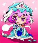  chibi drink ghost hat japanese_clothes kimono kurokami_kinpatsu pink_hair ribbon saigyouji_yuyuko short_hair solo touhou 