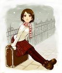  brown_eyes brown_hair copyright_request k+ mittens pantyhose scarf snow solo suitcase sweater 
