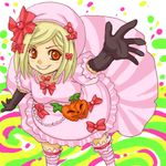  arm_up bad_anatomy black_gloves blonde_hair bow dress elbow_gloves gloves grin hair_bow hat jack-o'-lantern lambdadelta lowres md5_mismatch orange_eyes pink_dress pink_hat pumpkin ribbon short_hair smile solo striped striped_legwear thighhighs umineko_no_naku_koro_ni yoshiro_(446) 