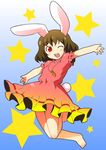  animal_ears azumi_haruhito bad_id bad_pixiv_id barefoot black_hair blush bunny_ears bunny_tail carrot carrot_necklace dress inaba_tewi jewelry jumping leg_lift necklace one_eye_closed pendant red_eyes short_hair solo star tail touhou 