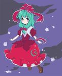  blush boots brown_footwear collar dress fling frills front_ponytail full_body kagiyama_hina knee_boots looking_at_viewer momoko_(artist) puffy_short_sleeves puffy_sleeves red_dress shawl short_sleeves smile solo touhou wrist_cuffs 