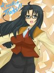  ahoge black_hair blue_eyes flying_paper glasses hits long_hair madarame messy_hair necktie paper read_or_die red_neckwear solo yomiko_readman 