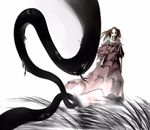  black_hair claymore dress grass looking_at_viewer luciela pale_skin red_dress short_hair short_sleeves simple_background solo standing tentacles white_background yamawaku 