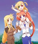  blonde_hair fate_testarossa green_eyes hair_ribbon heterochromia kairakuen_umenoka long_hair low-tied_long_hair lyrical_nanoha mahou_shoujo_lyrical_nanoha mahou_shoujo_lyrical_nanoha_a's mahou_shoujo_lyrical_nanoha_strikers military military_uniform multiple_girls ponytail purple_eyes red_eyes red_hair ribbon side_ponytail takamachi_nanoha tsab_air_military_uniform tsab_ground_military_uniform uniform very_long_hair vivio 