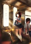  1girl bag blush bow glint hair_bow kneehighs necktie original oryou school_bag school_uniform serafuku sitting socks standing sunlight train_interior window 