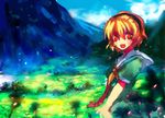  blonde_hair cloud day grass hairband higurashi_no_naku_koro_ni houjou_satoko nature outdoors red_eyes scenery school_uniform short_hair sitting sky solo tsuchiya_akira 