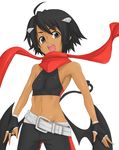  ahoge bad_id bad_pixiv_id bare_shoulders belt black_eyes black_hair bra dark_skin fang fingerless_gloves flat_chest gloves halterneck lingerie madarame midriff original scarf short_hair solo sports_bra tail underwear wings 