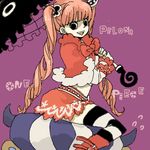  alternate_legwear character_name drill_hair kumacy long_hair one_piece perona pink_hair purple_background striped striped_legwear thighhighs twintails umbrella yukke 