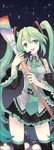  aqua_hair art_brush detached_sleeves eighth_note face frills giant_brush green_eyes green_nails hatsune_miku long_hair miracle_paint_(vocaloid) multicolored_hair musical_note nail_polish necktie paintbrush skirt sky solo star_(sky) starry_sky tearfish thighhighs twintails two-tone_hair vocaloid wide_hips 
