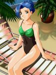  90s bangs black_swimsuit blue_hair breasts casual_one-piece_swimsuit chair covered_navel day game_cg hair_bun highleg highleg_swimsuit inaba_yoshiki kimi_ni_steady light_smile looking_at_viewer lounge_chair one-piece_swimsuit outdoors plant pot potted_plant reflection shadow short_hair sitting sitting_sideways small_breasts smile solo swimsuit touyama_reiko yellow_eyes 