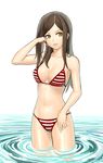  bangs bikini breasts brown_hair hand_in_hair k+ large_breasts long_hair original parted_bangs ripples solo striped striped_bikini swimsuit wading water yellow_eyes 