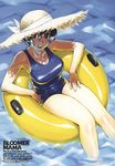  blue_hair copyright_request english hat highres innertube jewelry jinroku mature one-piece_swimsuit ring school_swimsuit short_hair smile solo swimsuit water wedding_band 