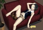  barefoot black_hair blue_eyes book couch feet k+ lying one_eye_closed original short_hair shorts solo stuffed_animal stuffed_toy teddy_bear 