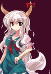  alphes_(style) breasts cleavage ex-keine horns ideolo kamishirasawa_keine long_hair medium_breasts parody red_eyes ribbon silver_hair solo style_parody touhou very_long_hair 