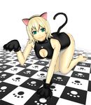  all_fours animal_ears barefoot blonde_hair breasts cat_ears cat_paws checkered checkered_floor cleavage cleavage_cutout green_eyes k+ large_breasts original paws perspective short_hair solo tail 